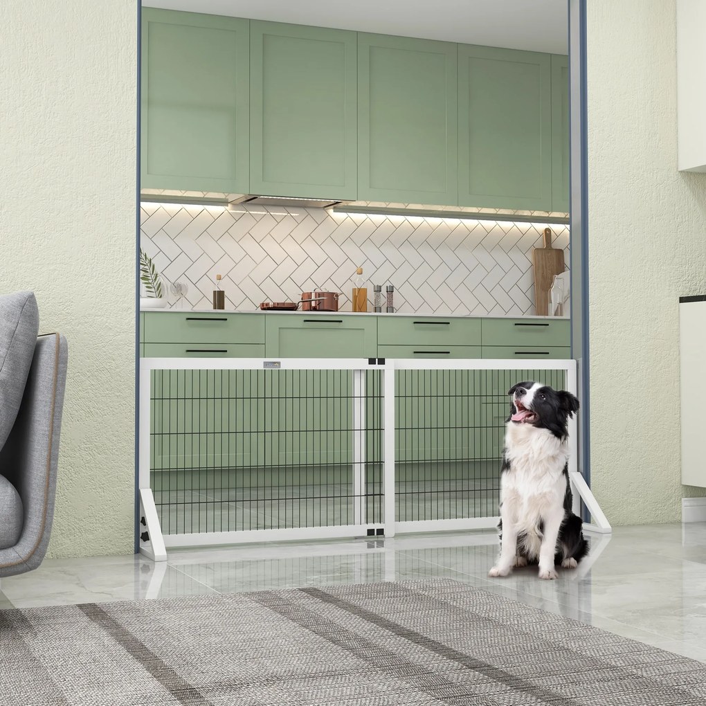 Barreira de segurança para cães de 101 a 181 cm barreira de proteção com 2 painéis, largura ajustável , em madeira e aço branco