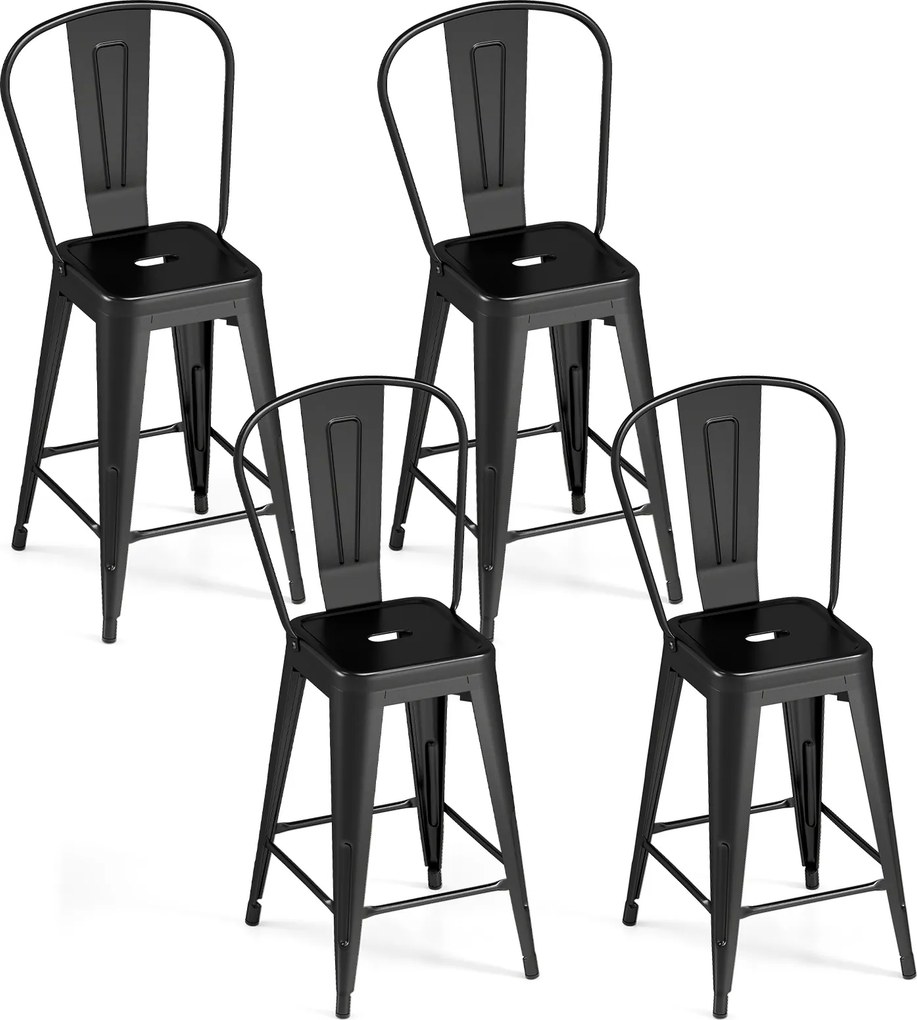 Conjunto de 4 Bancos de Bar com Encosto Alto, 45,5 x 44,5 x 103 cm, Estrutura Metálica Robusta, Preto