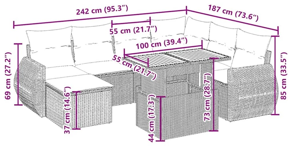 8 pcs conjunto de sofás p/ jardim com almofadões vime PE bege