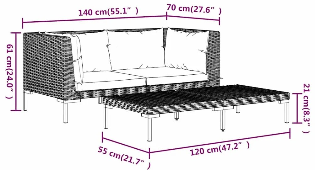 3 pcs conj. lounge jardim vime PE semicircular cinzento-escuro