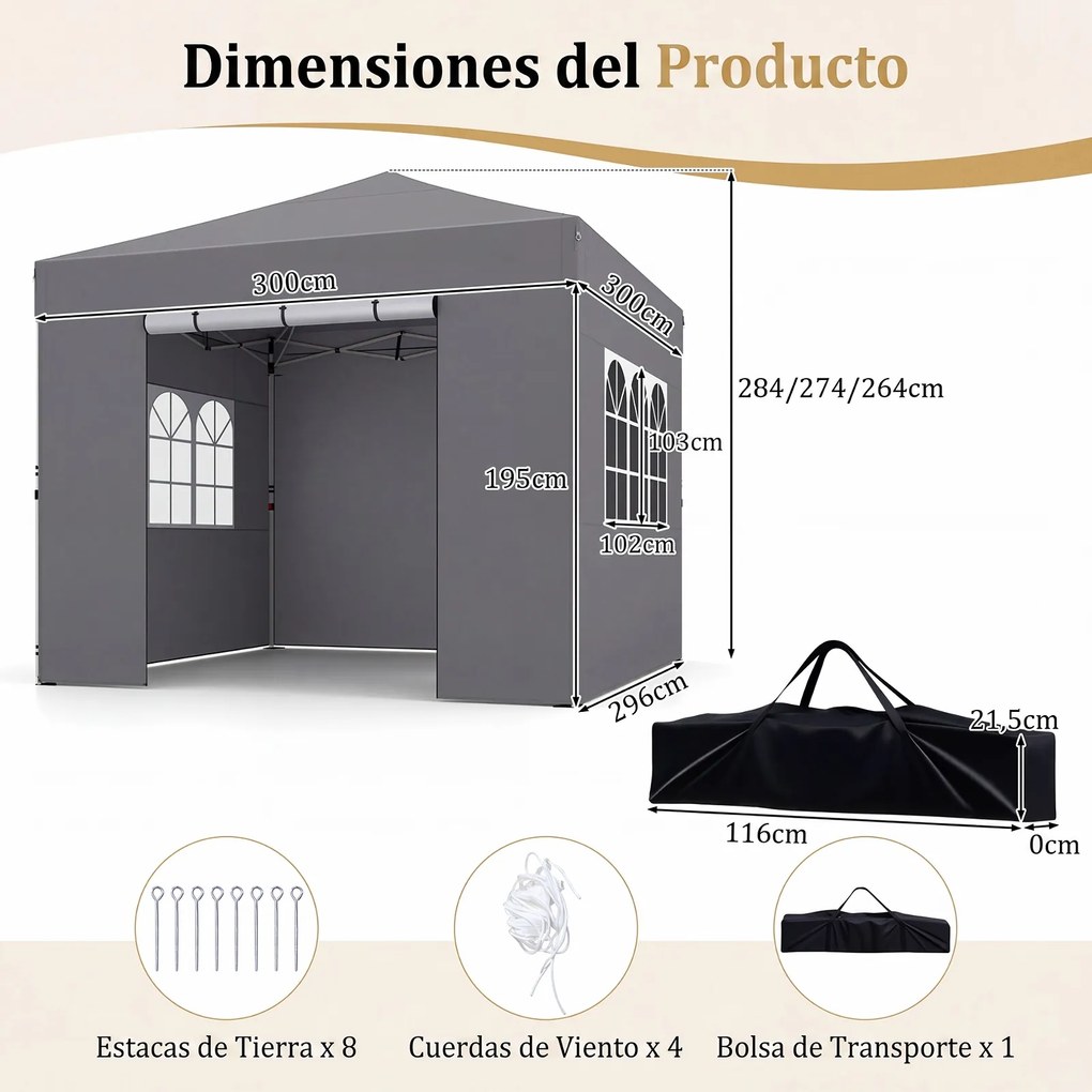 Tenda Dobrável para Exterior, 300 x 300 x 284 cm, Paredes Laterais Removíveis, Cinzento
