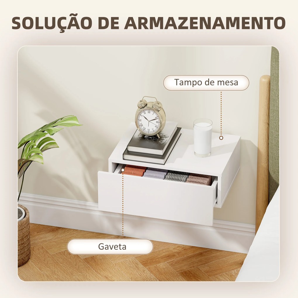 Conjunto de 2 Mesas de Cabeceira de Parede Mesas de Cabeceira Flutuantes com 1 Gaveta para Quarto 40x30x15 cm Branco