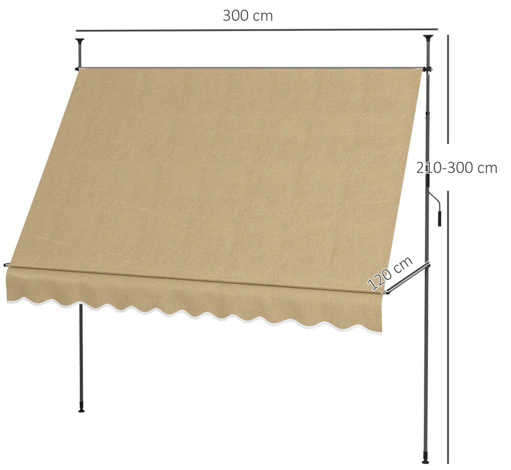 Toldo Manual Retrátil com Manivela 300x120x210-300 cm com Altura Ajustável Impermeável para Jardim Varanda Bege