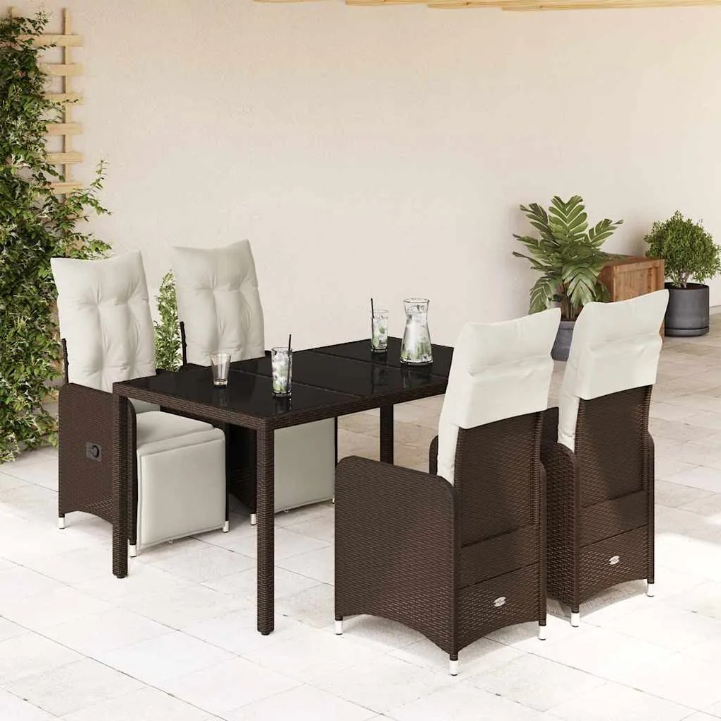 vidaXL 5 pcs conjunto bistrô p/ jardim c/ almofadões vime PE castanho