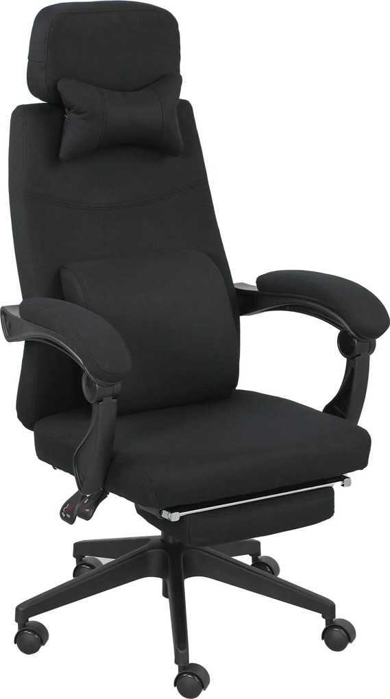 Cadeira de escritório de grande conforto, encosto ajustável, apoio para os pés, Rodas de 360°, linho, 62 x 68 x 127 cm, preta