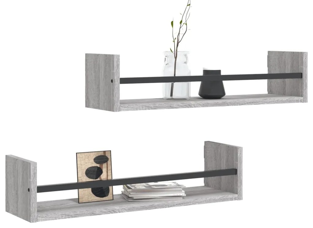 Prateleiras de parede c/ barras 2 pcs 60x16x14 cm cinza sonoma
