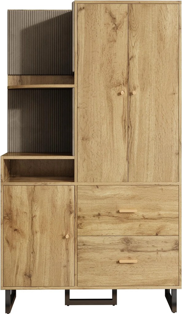 Armário roupeiro com prateleiras abertas, barra extraível para roupa, 2 gavetas amplas, 110x38x186 cm, Cor natural