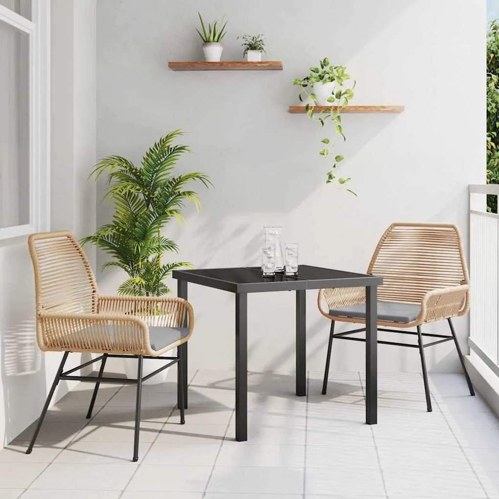 vidaXL Conjunto de Jantar de Jardim 3 Peças com Almofadas Marrom em Rattan