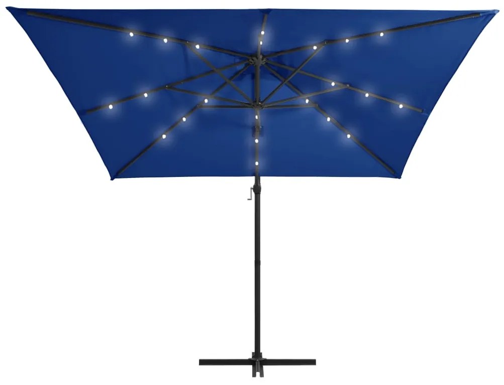 Guarda-sol cantilever luzes LED/poste aço 250x250 cm azul ciano