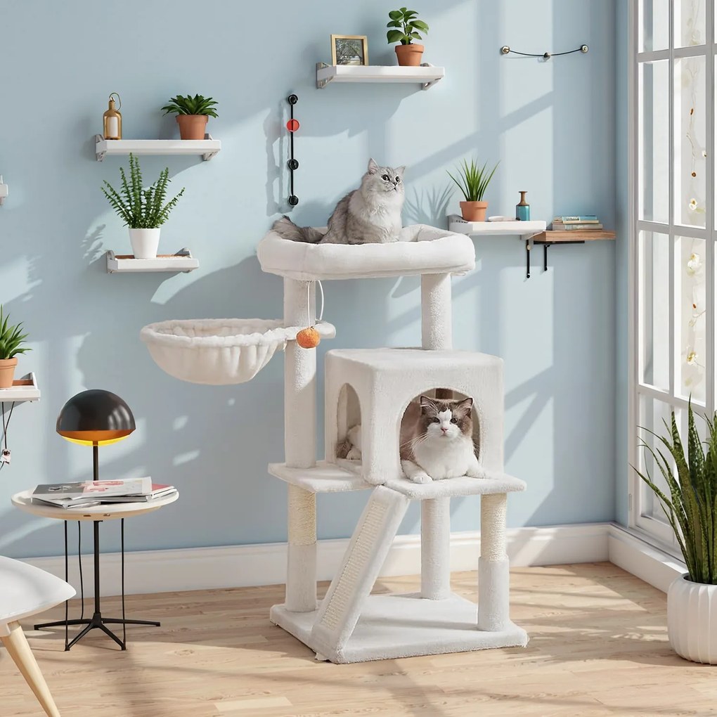 Arranhador para gatos com grande plataforma com caverna e cesto suspenso 48,1 x 48,1 x 96,1 cm branco