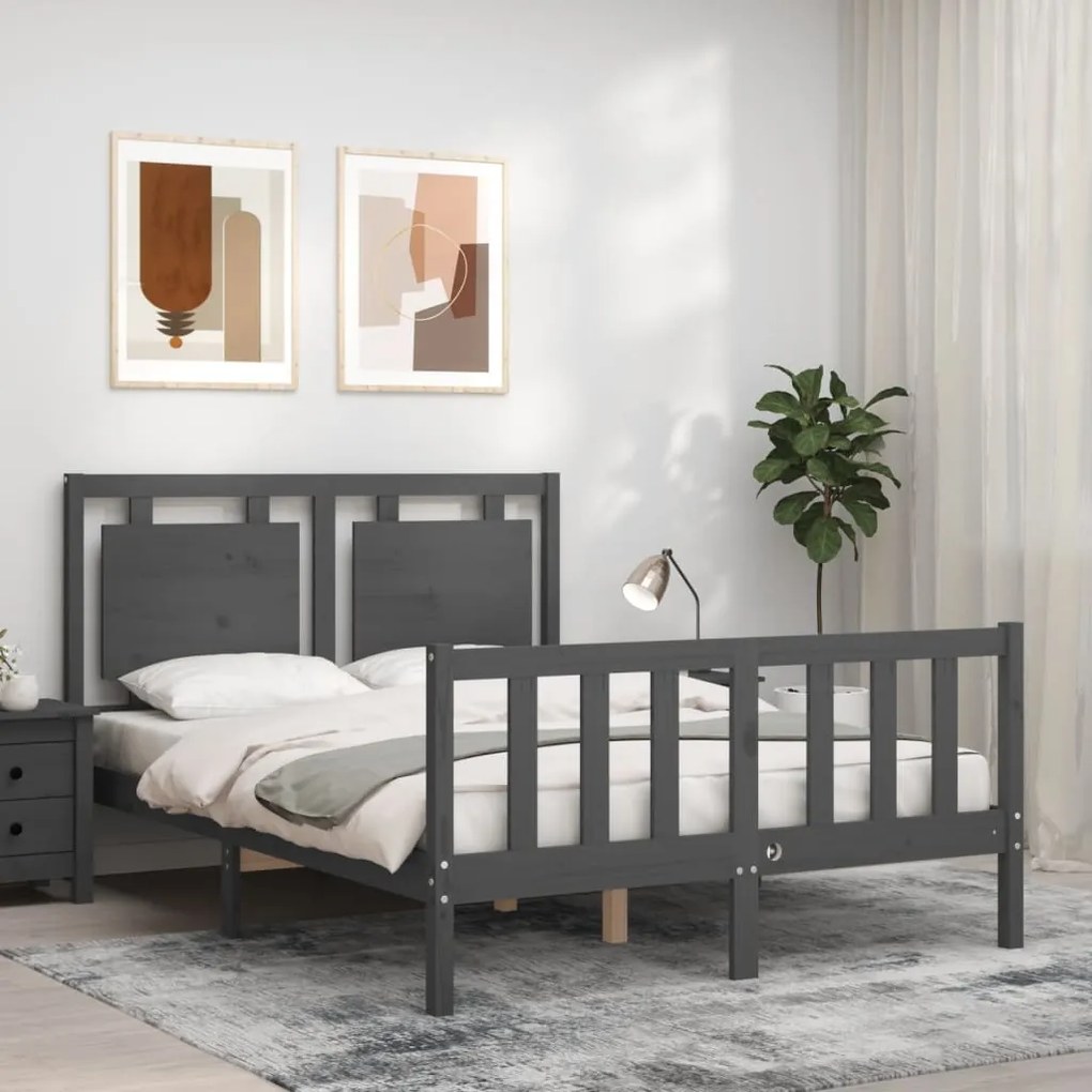 Estrutura de cama de casal c/ cabeceira madeira maciça cinzento