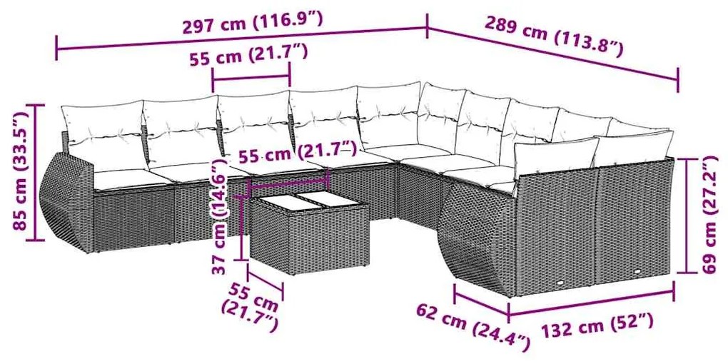 11 pcs conjunto sofás de jardim c/ almofadões vime PE cinzento