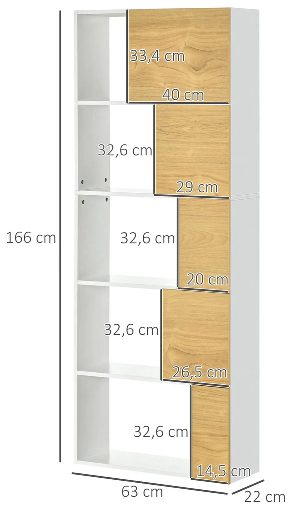 Estante de 5 Níveis Estante para Livros com 5 Portas e Compartimentos Abertos para Sala de Estar Dormitório Estúdio 63x22x166cm Branco e Madeira