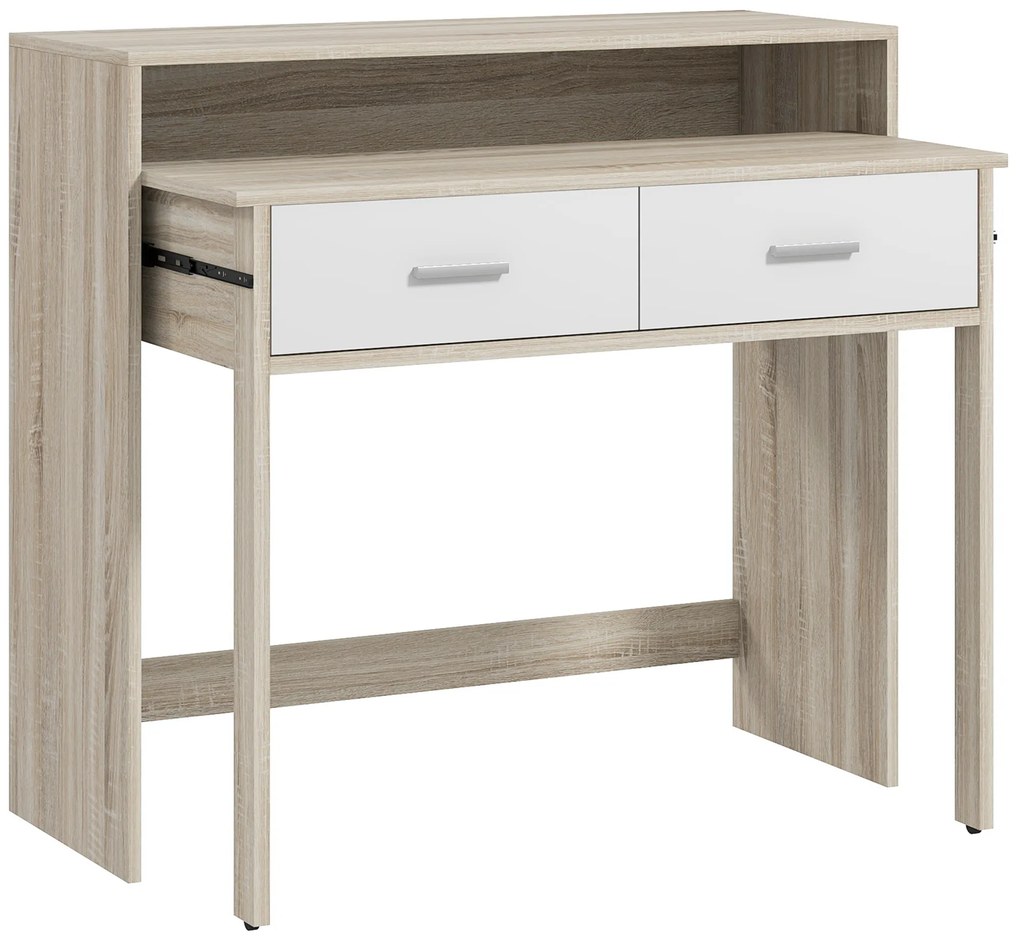 HOMCOM Mesa Consola de Entrada de 2 Níveis com Trilhos Deslizantes 2 Gavetas 2 Rodas Móvel de Entrada 95x35x87 cm Madeira e Branco