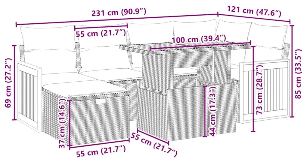 7 pcs conjunto de sofás p/ jardim com almofadões vime PE bege