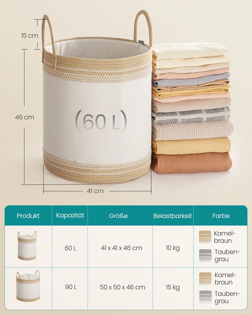 Cesto para roupa suja 60 L com tampa e pega 41 x 41 x 46 cm castanho camelo