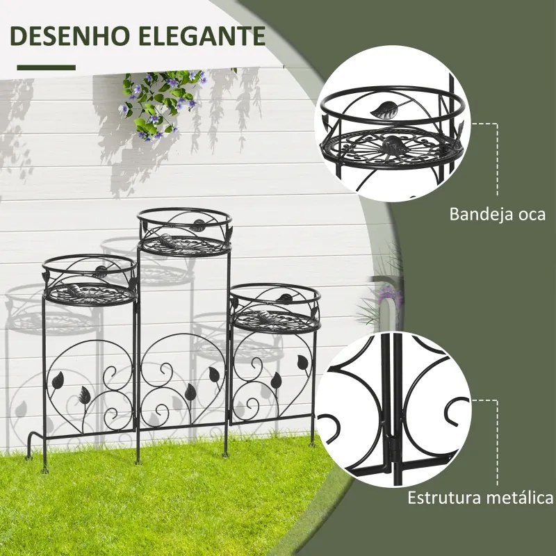 Suporte de Metal para Plantas Suporte Dobrável para Flores com 3 Prateleiras Decoração de Interior Exterior para Jardim Terraço Balcão 74x23x62cm Pret