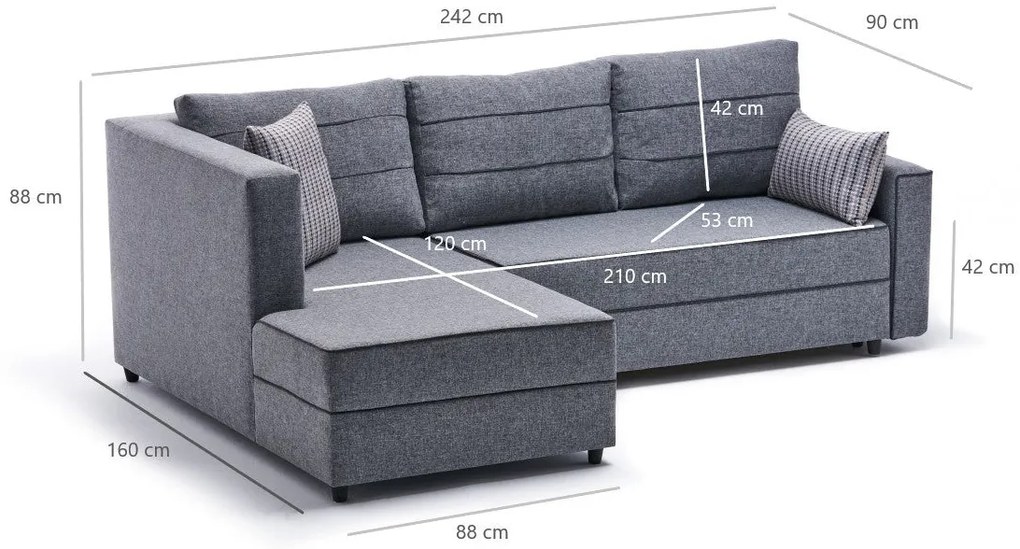 Sofá-Cama de Canto Ece – Cinzento – 242x88x90 cm