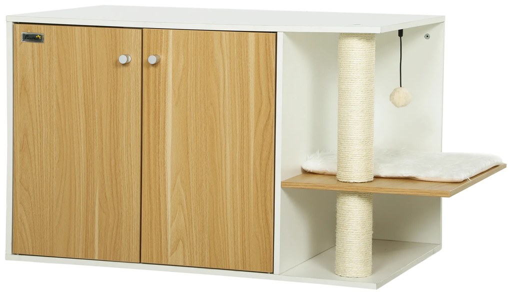 PawHut Móvel Caixa de Areia para Gatos 3 em 1 para Gatos com Poste para Arranhar e Centro de Jogos 94x48x50,5 cm Carvalho e Branco