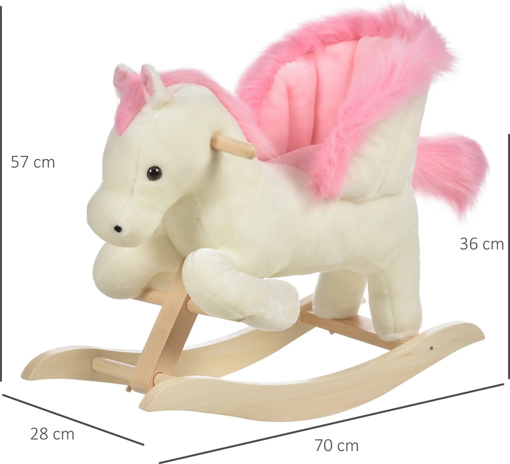 Cavalo de baloiço com função musical, sela de grande conforto, pelúcia curta e macia para crianças dos 18 aos 36 meses, em madeira de álamo, branco e
