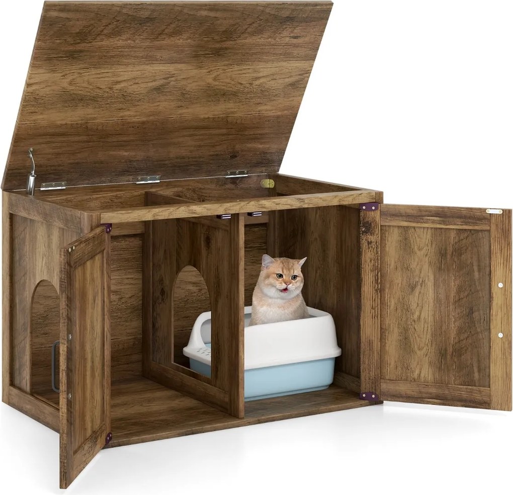 Móvel 51 x 36,5 x 50,5 cm para caixa de areia para gatos (NÃO INCLUIDA) com tampa rebatível e portas tipo celeiro Divisória removível para facilitar a