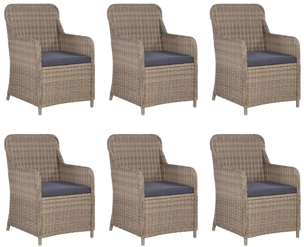 7 pcs conjunto jantar exterior com almofadões vime PE castanho