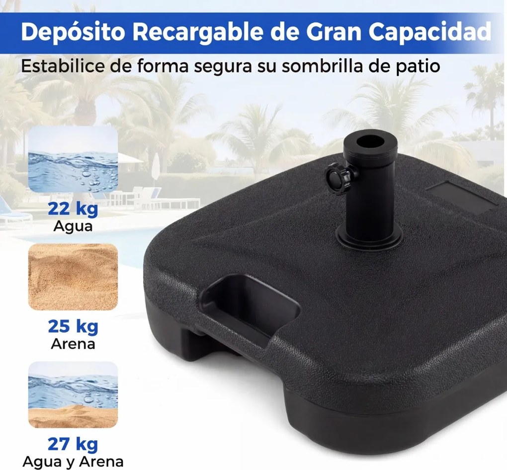 Base quadrada recarregável para guarda-sol de jardim pesado (27 kg) com 3 adaptadores para postes de 33/38/48 mm Preta