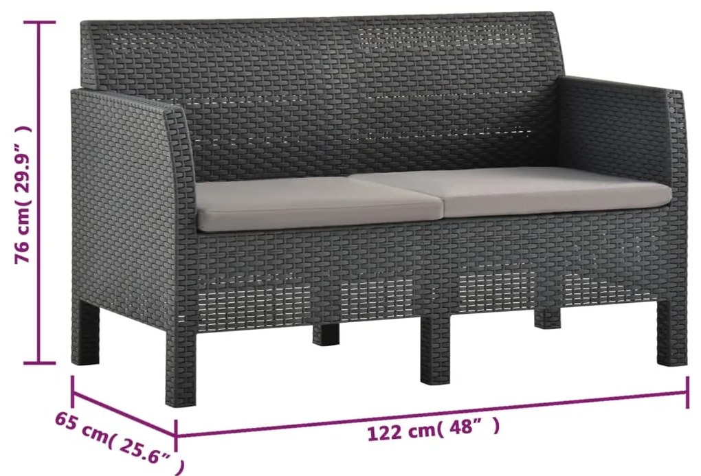 2 pcs conjunto lounge jardim com almofadões vime PP antracite