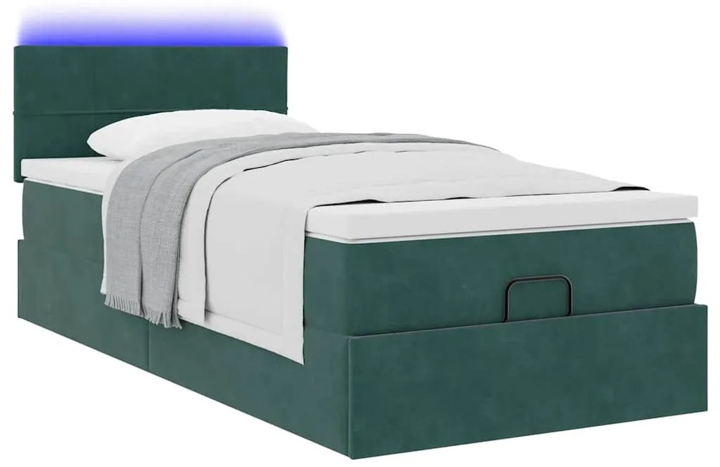 Cama otomana com colchão &amp; LEDs 90x200cm veludo verde-escuro