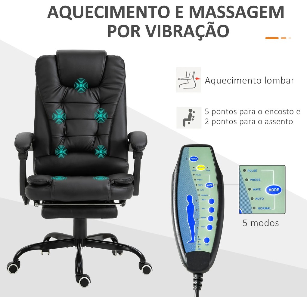 Cadeira de Massagem com 7 Pontos de Massagem Reclinável com Apoio para os Pés e Controlo Remoto 67x79x111-121 cm Preto