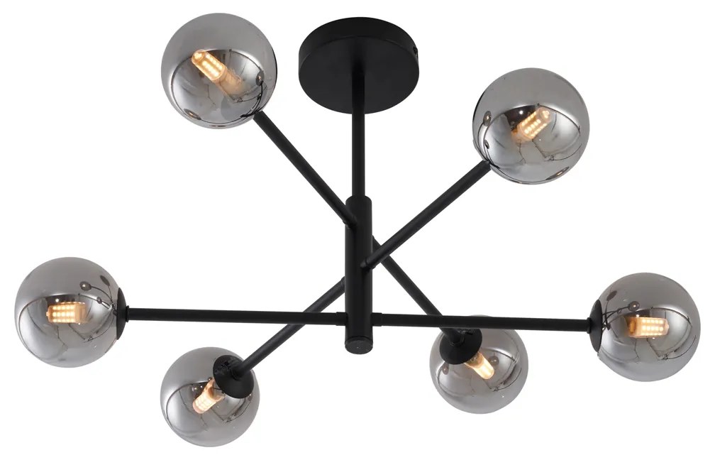 Plafond moderno preto com vidro fumado 6 luzes - Ryan Moderno