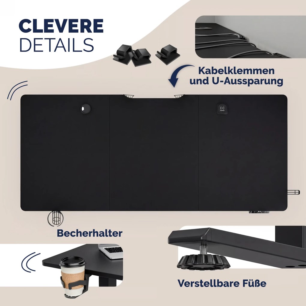 Secretária elétrica com altura ajustável 140x60x72-117 cm Preta