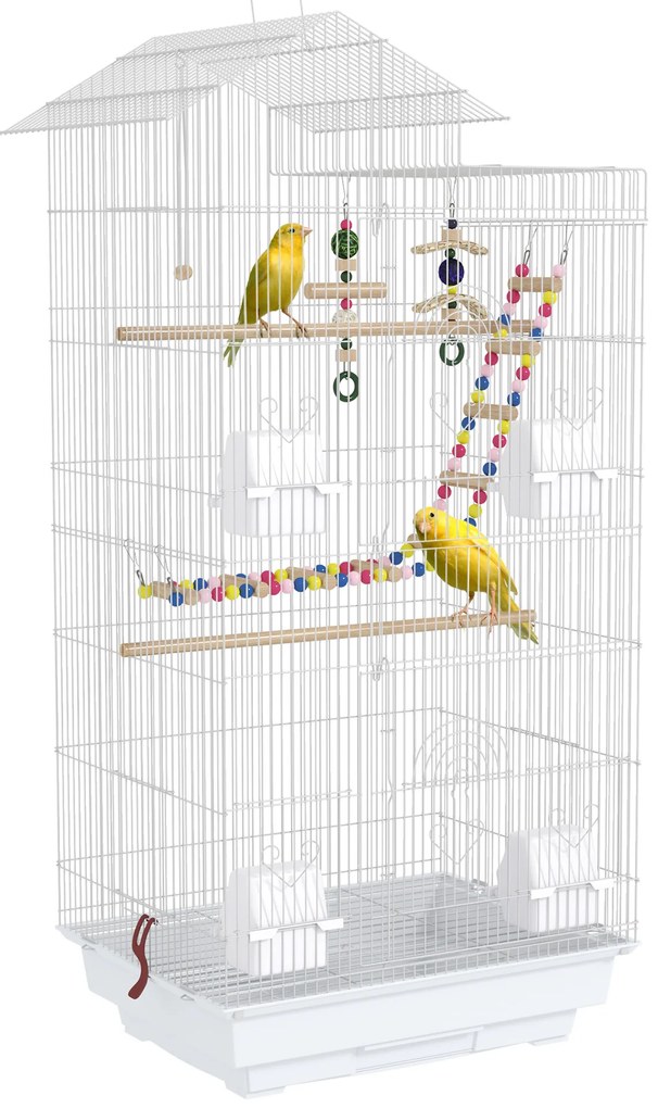 Gaiola para Passáros de Metal com Portas 4 Comedouros 3 Poleiros Baloiço Escadas e Bandeja Removível 46x36x100 cm Branco