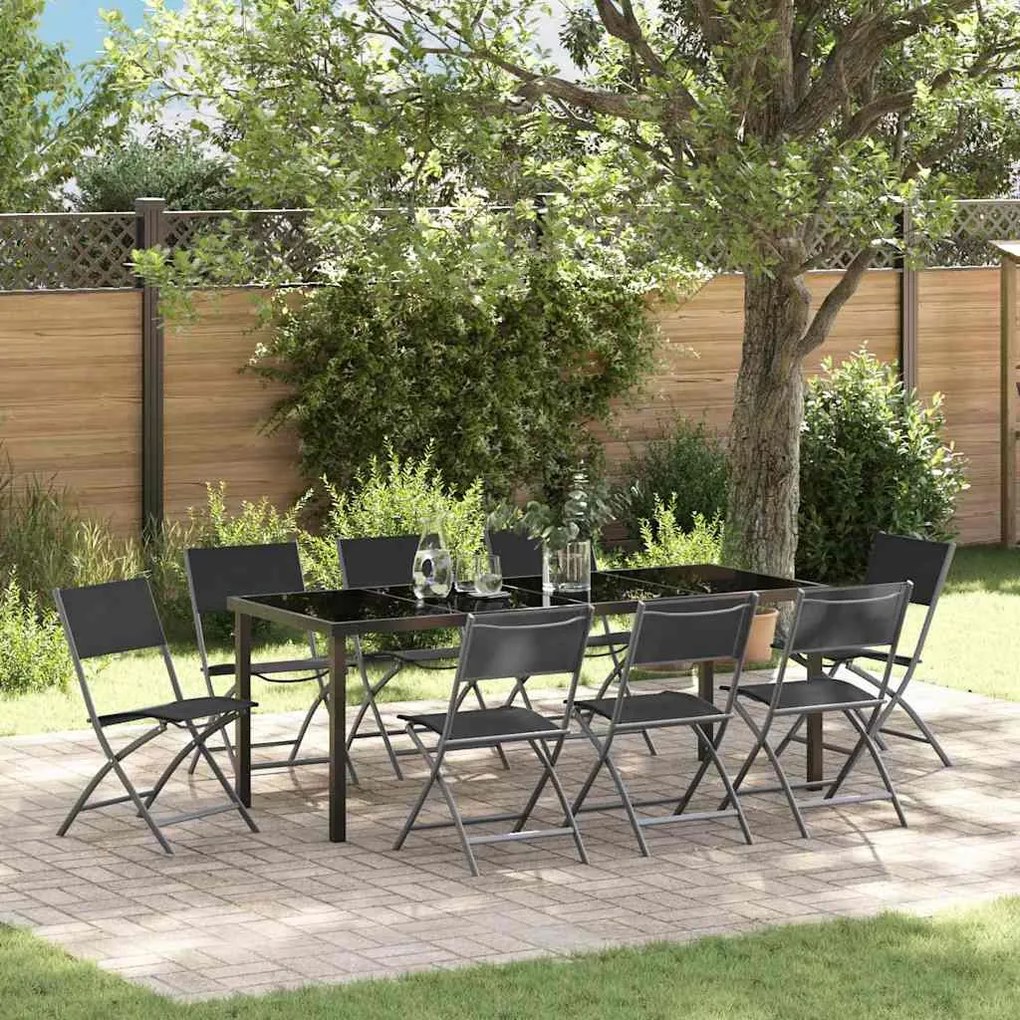 vidaXL Conjunto de Jantar para Jardim da com 9 peças em textileno preto e aço.