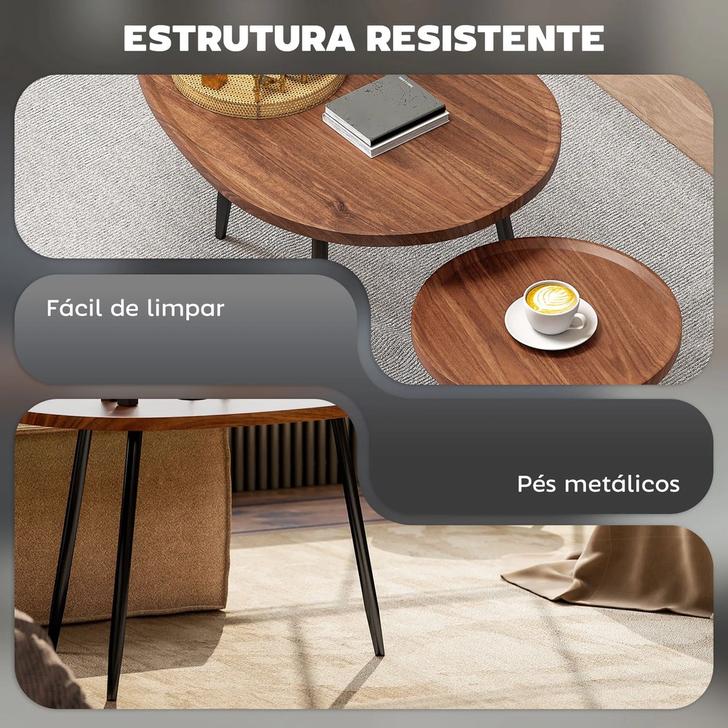 Conjunto de 2 Mesas Auxiliares com Pés de Metal 80x55x49 cm e Ø40x39 cm Madeira e Preto