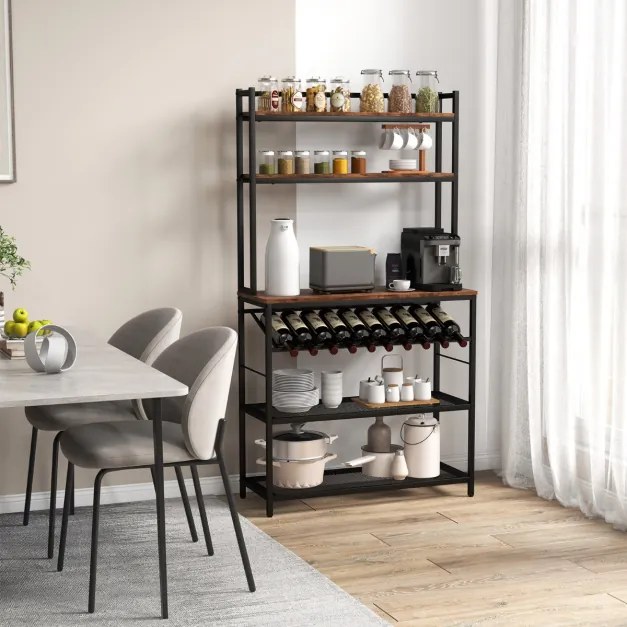 Estante de cozinha com 6 níveis, 6 prateleiras, 6 ganchos, suporte inclinado para garrafas e 2 prateleiras de rede 90 x 35 x 165 cm Castanho rústico