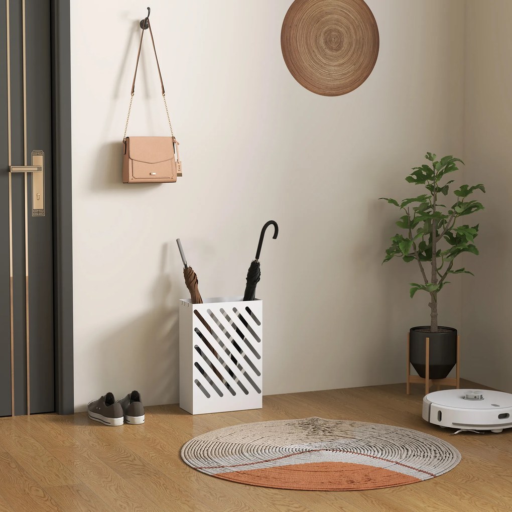 Suporte para Guarda-Chuvas de Aço Galvanizado Estreito com Bandeja de Gotejamento Removível 4 Ganchos 28x14x41 cm Branco