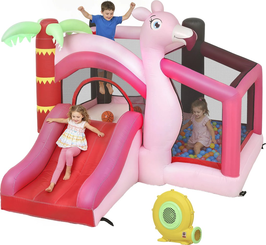 Castelo Insuflável para Crianças com Insuflador Escorrega Cama Elástica Piscina de Bolas Cesto de Basquetebol 255x230x196 cm