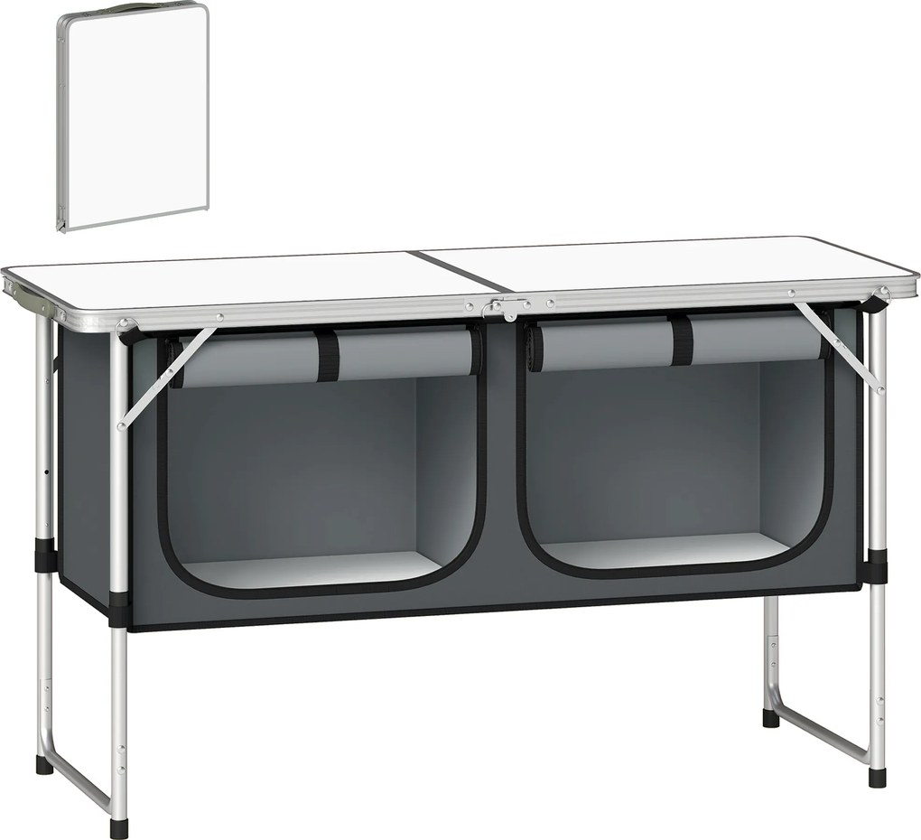 Outsunny Mesa de Campismo Dobrável com Armário de Tecido Oxford Estrutura de Alumínio 120x47x70 cm Prata | Aosom Portugal