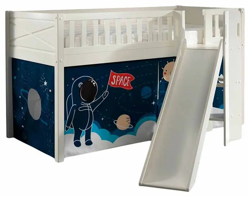 Conjunto cama Infantil SCOTT + escorrega + cortina de brincar SPACE SHUTTLE Branca