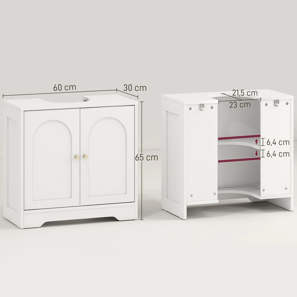 Móvel para Lavatório (NÃO INCLUIDO) Pousar com 2 Portas em Arco Puxadores Dourados para Lavatório com ou sem Pedestal 60x30x65 cm Branco