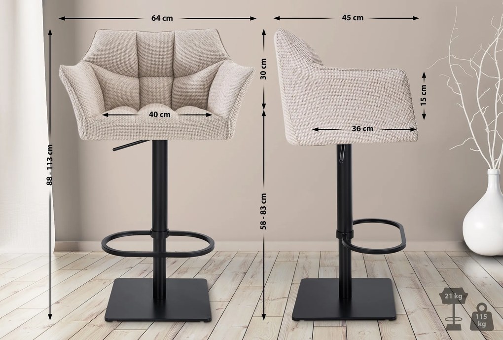Banco de bar Damaso em tecido e com estrutura preta 64 x 88-113 x 45 cm Bege marfim