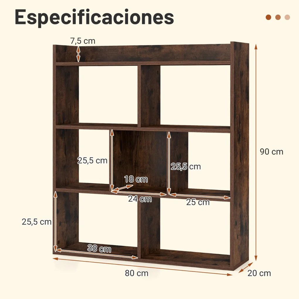 Estante aberta 80 x 20 x 90 cm com 7 cubos de madeira para quarto, sala de estar ou café