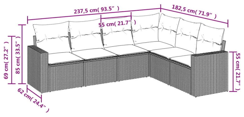 6 pcs conjunto sofás de jardim com almofadões vime cinzento