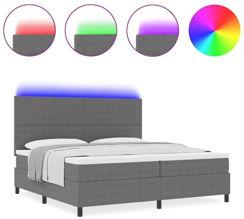 Cama Box Spring com Colchão e Luz LED Cinza 200x200 cm Tecido Cotelê