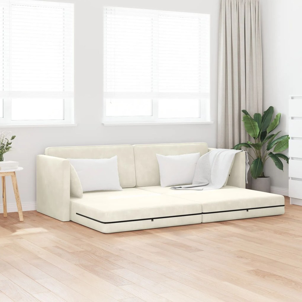Sofá Cama de Chão 2 em 1 Creme 213x144x60 cm Veludo