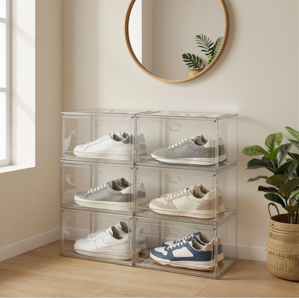Conjunto de 6 caixas para sapatos, empilháveis com porta magnética, 36 x 27 x 21 cm transparente