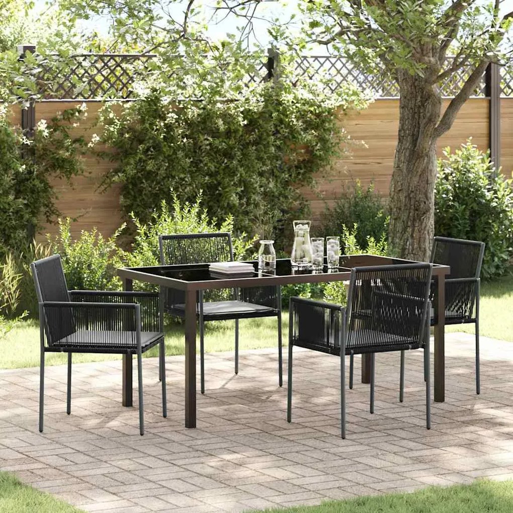 vidaXL Conjunto de jantar de jardim com 5 peças e almofadas em rattan sintético preto.