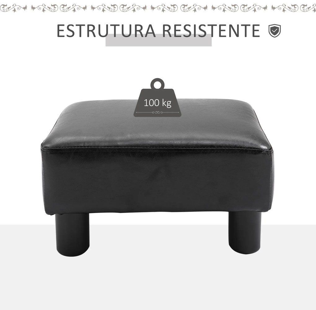 Apoio para os Pés Pufe Banco Pequeno Estofado em Pele Sintética com Assento Acolchoado e Pés de Plástico 40x30x24 cm Preto