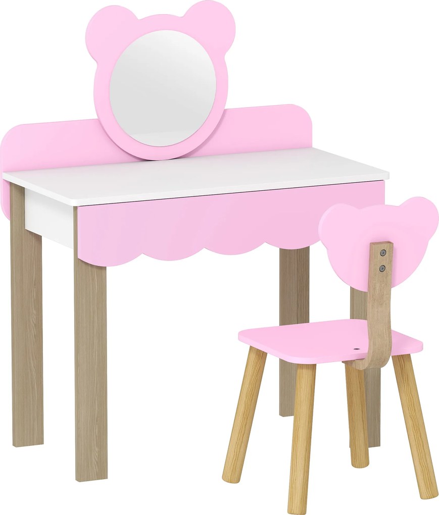 AIYAPLAY Conjunto de Penteadeira com Banqueta para Crianças, Espelho de Maquilhagem, Formato Ursinho, Gaveta, MDF, Rosa | Aosom Portugal